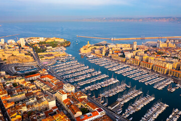 Obraz premium View from drone to Mediterranean seascape with yachts in marina of Marseille. France