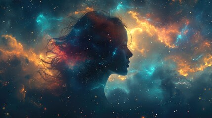 Obraz na płótnie Canvas beautiful fantasy abstract portrait of a beautiful woman double exposure with a colorful digital paint splash or space nebula