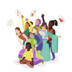 3D Isometric Flat  Conceptual Illustration of Multicultural Friendship, Diverse Various People