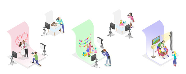 3D Isometric Flat  Conceptual Illustration of Photo Studio, Photographing Models During Photo Session