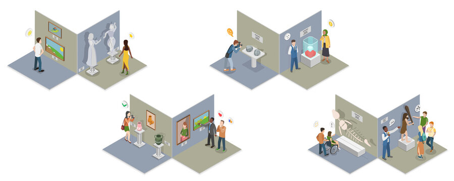 3D Isometric Flat  Conceptual Illustration of Arts And Paleontology Museum, Gallery Exhibition