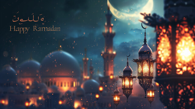 Magic of Ramadan with radiant Arabic lanterns set against a blurred background evoking the enchanting atmosphere of One Thousand and One Nights