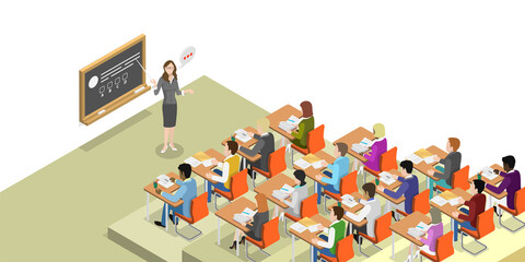 3D Isometric Flat  Conceptual Illustration of University, Students in Lecture Hall