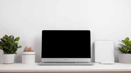 computer on the table. Modern workplace white walls. White computer screen. Space for text