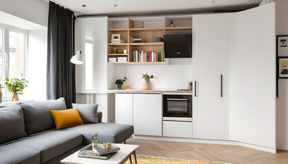 Compact and functional studio apartment with multifunctional furniture and smart storage solutions