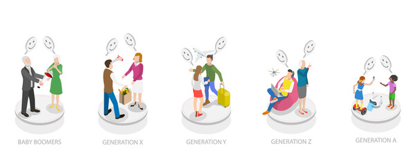 3D Isometric Flat  Conceptual Illustration of Social Generations, Different Age Groups - obrazy, fototapety, plakaty
