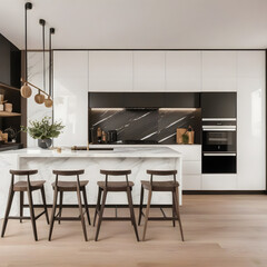 Front of a kitchen with white wooden furniture combined with wood-colored furniture and white marble wall, wooden floors and black appliances