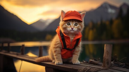 A cat wearing a life jacket sitting on a dock. Generative AI. - Powered by Adobe