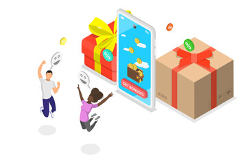 3D Isometric Flat  Conceptual Illustration of Loyalty Program, Referral Rewards