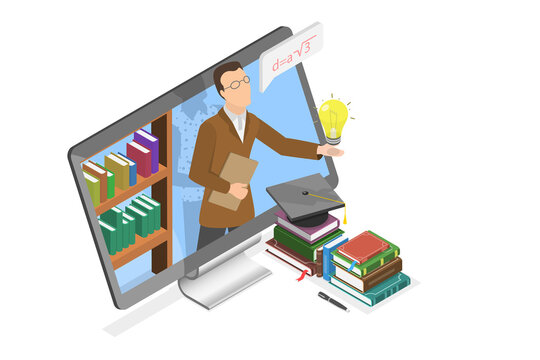 3D Isometric Flat  Conceptual Illustration of Online Teaching, Distant Education