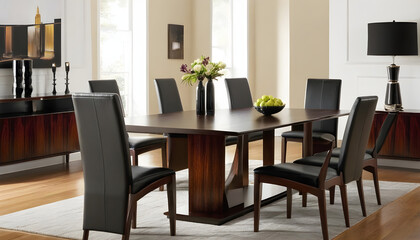 Rosewood table with black leather high back chairs in living room
