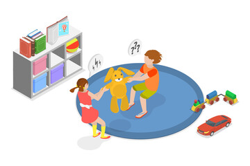 3D Isometric Flat  Conceptual Illustration of Fighting Children, Sibling Rivalry