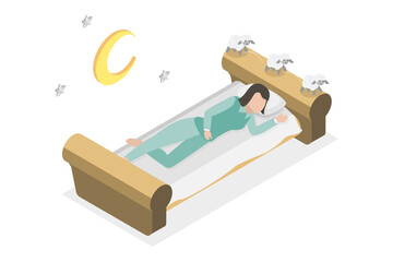 3D Isometric Flat  Conceptual Illustration of Insomnia, Sleeplessness or Sleep Disorder