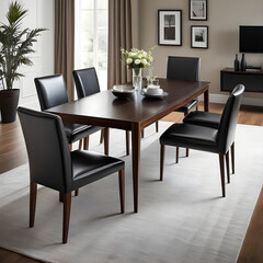 Rosewood table with black leather high back chairs in living room
