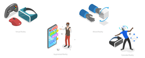 3D Isometric Flat  Conceptual Illustration of Extended Reality, VR, AR or MR