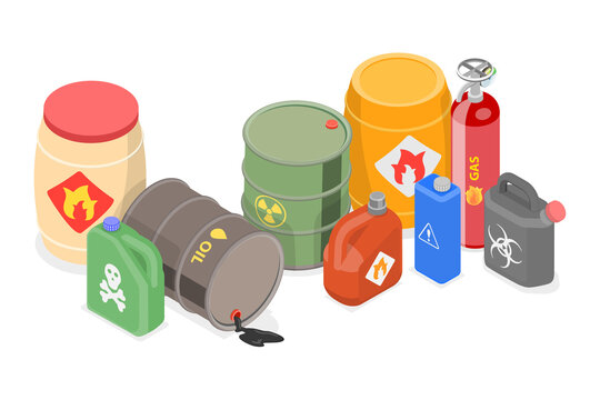 3D Isometric Flat  Set of Hazard Toxic Chemical Substances, Dangerous Containers