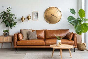 brown leather sofa in a living room with plants and a clock