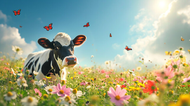 Cow grazing in a meadow with colorful flowers and blue sky background.