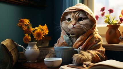 A cat wearing a floral bathrobe is sitting at a table and having tea