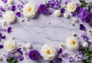 Fototapeta na wymiar Flowers composition White and purple flowers on marble background Flat lay top view stock photoFlower Backgrounds White Background Floral Pattern