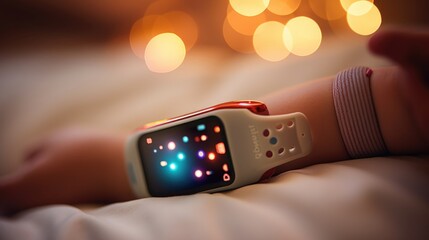 Extreme closeup of a babys wrist, wearing a wearable sleep tracker powered by AI to provide realtime sleep analysis and tips for parents.