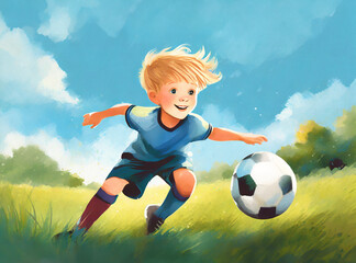 Painting of a Young Blonde boy playing soccer on a grass playing field outdoors. Kicking the ball and headed towards goal. Sports concept image of young children