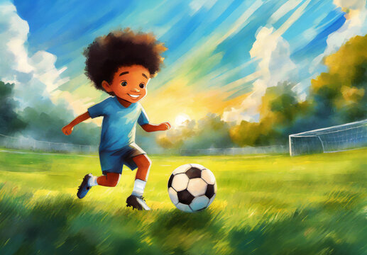 Painting of a Young Diverse boy playing soccer on a grass playing field outdoors. Kicking the ball and headed towards goal. Sports concept image of young diverse children