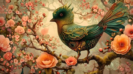 Intricate Artwork of a Stylized Hummingbird Among Blossoming Branches. Stylized ornamental wallpaper. Bird Wallpaper.