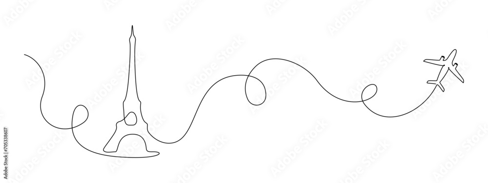 Poster Continuous one line drawing of Paris Eiffel tower with airplane path. French landmarks and city architecture in simple linear style. Editable stroke. Doodle outline vector illustration