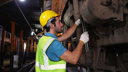 Young caucasian engineer man maintenance and repair train diesel engine in station, engineer...