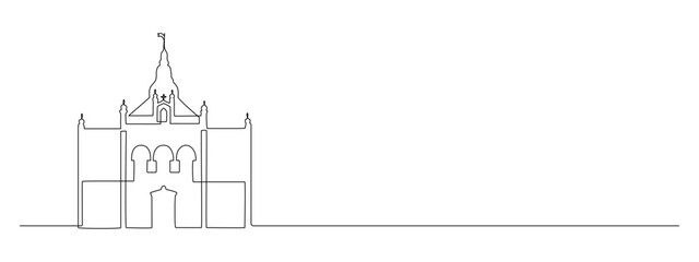 Continuous one line drawing of old residence and castle. Serbian landmarks Vladicanski dvor in Novi Sad city in simple linear style. Editable stroke. Doodle outline vector illustration - obrazy, fototapety, plakaty