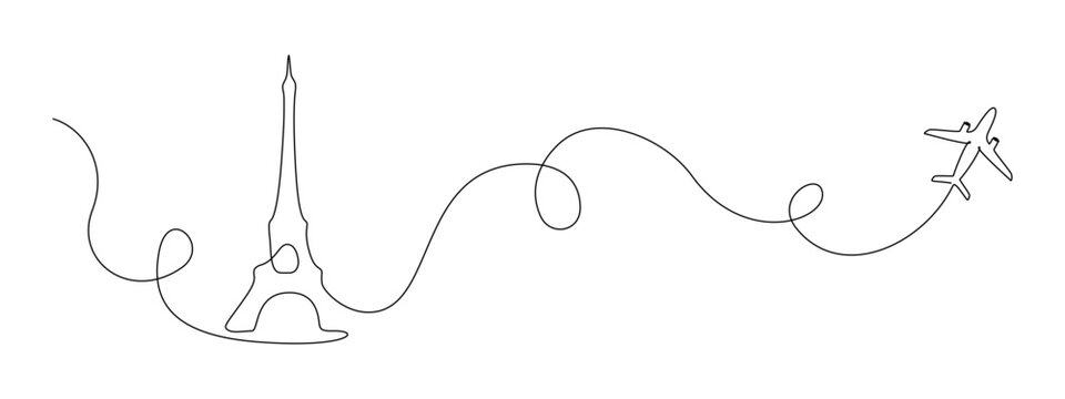 Continuous one line drawing of Paris Eiffel tower with airplane path. French landmarks and city architecture in simple linear style. Editable stroke. Doodle outline vector illustration