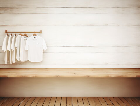 White shirts on a wooden rack against a whitewashed wooden wall background