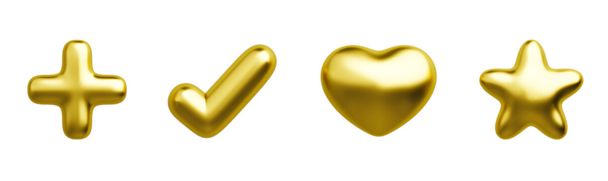 3D objects signs and symbols golden of plus sign, check mark, heart and star. Chromium gold texture. Graphic resource elements. 3D illustration.