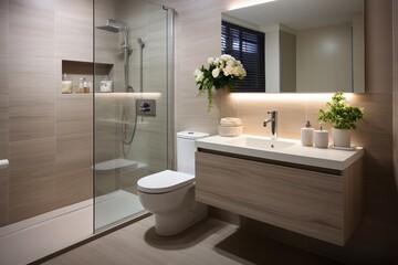 Modern bathroom interior with beige tiles and white fixtures