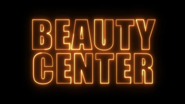 BEAUTY CENTER text font with light. Luminous and shimmering haze inside the letters of the text Beauty Center. Beauty Center neon sign.