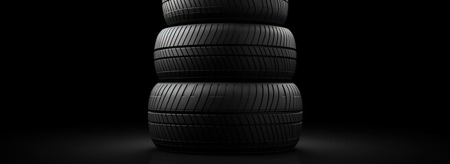 Fototapeta na wymiar Three black tires stacked vertically on a black background,