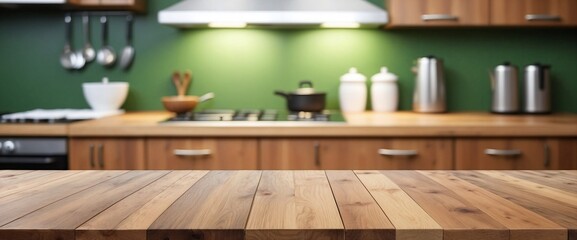 Fototapeta premium Empty Wooden Table Background Blurred Kitchen, Wooden Table