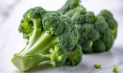Fresh broccoli florets with vibrant green hues and detailed textures, set against a soft-focus background, perfect for health and nutrition themes