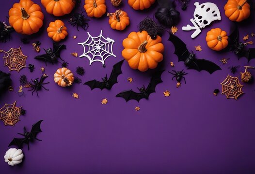 Halloween poster with festive decorations pumpkins spiders skeletons hands bats on purple background Flat lay top view overhead stock photoHalloween Backgrounds Purple Table Flat