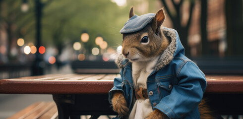 A squirrel dressed in a denim jacket and hat sitting on a bench. Generative AI. - obrazy, fototapety, plakaty