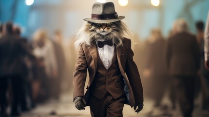 Fototapeta premium A man in a suit and hat walking down a street. Generative AI.