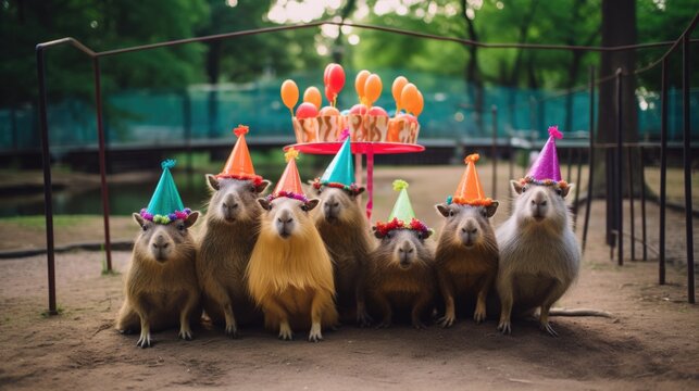 A group of capybaras wearing party hats. Generative AI.