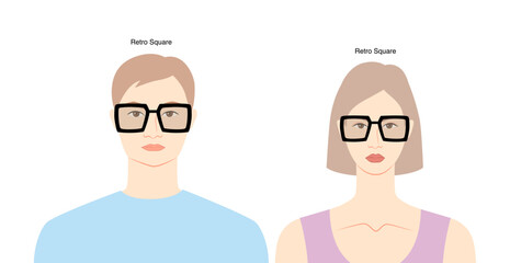 Retro Square frame glasses on women and men flat character fashion accessory illustration. Sunglass front view unisex silhouette style, rim spectacles eyeglasses, lens sketch style outline isolated