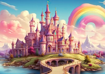 Enchanted Fairy Tale Castle with Rainbow Bridge and Majestic Mountains - obrazy, fototapety, plakaty