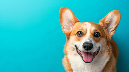 Happy corgi dog on vivid blue background with empty space for text 