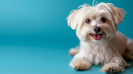 Happy maltese lapdog on vivid background with empty space for text 