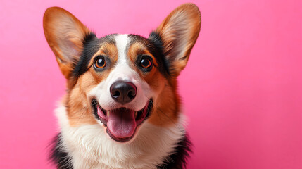 Happy corgi dog on vivid pink  background with empty space for text 