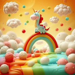 Surreal Candy Land with Unicorn on Rainbow Bridge Amidst Fluffy Clouds