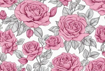 Vector seamless pattern with rose flowers pink outline on the white background Hand drawn floral repeat ornament of blossoms in sketch style Usable for wrapping paper covers textile etc stock